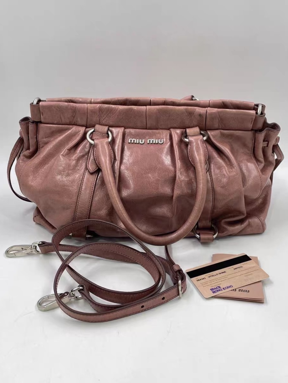 Authentic Miu Miu Vitello Shine Pink Leather Shoulder Bag W Silver Hardwares